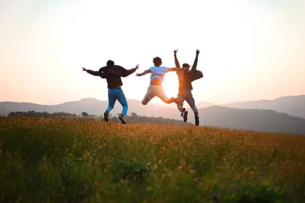 Friends celebrating at sunset